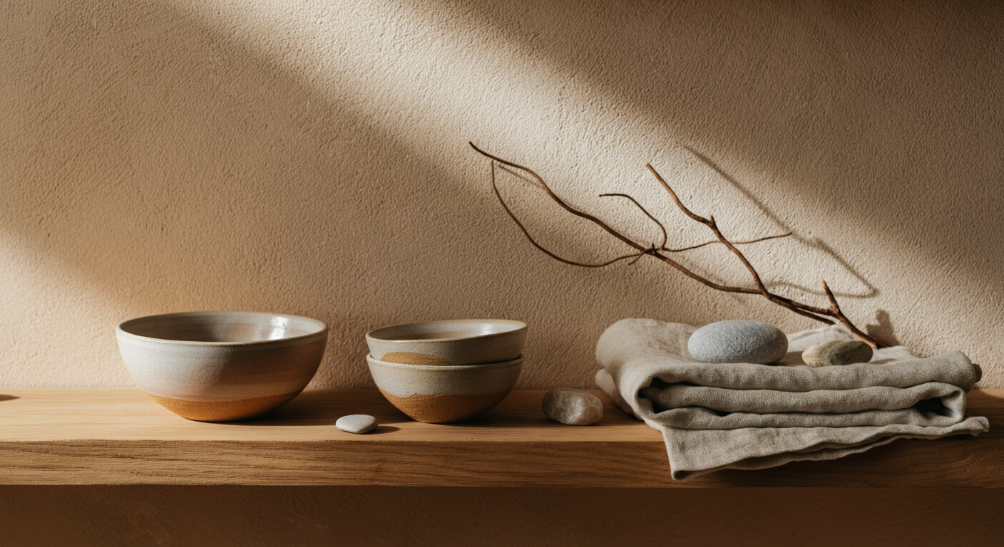Intérieur naturel avec céramique artisanale, lin et bois — décoration avec des matières naturelles
