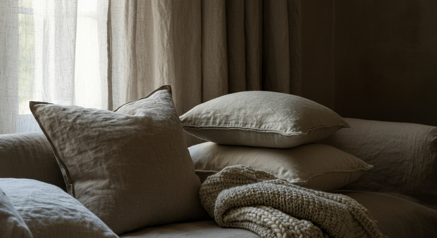 Coussins en lin et plaid en laine sur un canapé près d'une fenêtre voilée de lin, intérieur naturel et lumineux