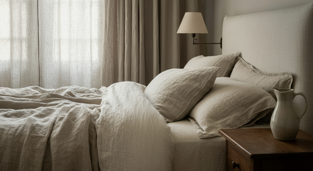 Linge de maison en lin naturel dans une chambre calme aux tons écru et blanc chaud — guide Berkail