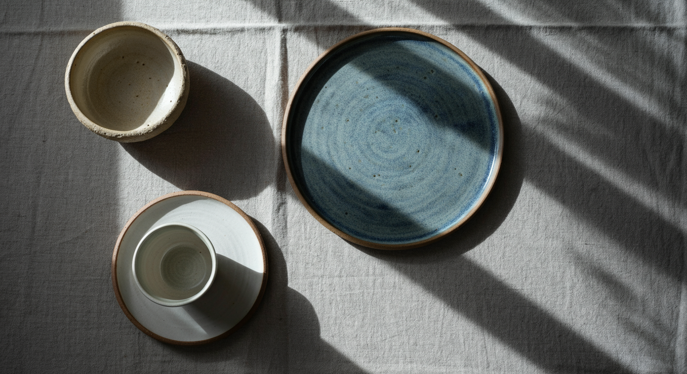Céramique artisanale : bol en grès, assiette en faïence et tasse en porcelaine sur une surface en lin naturel