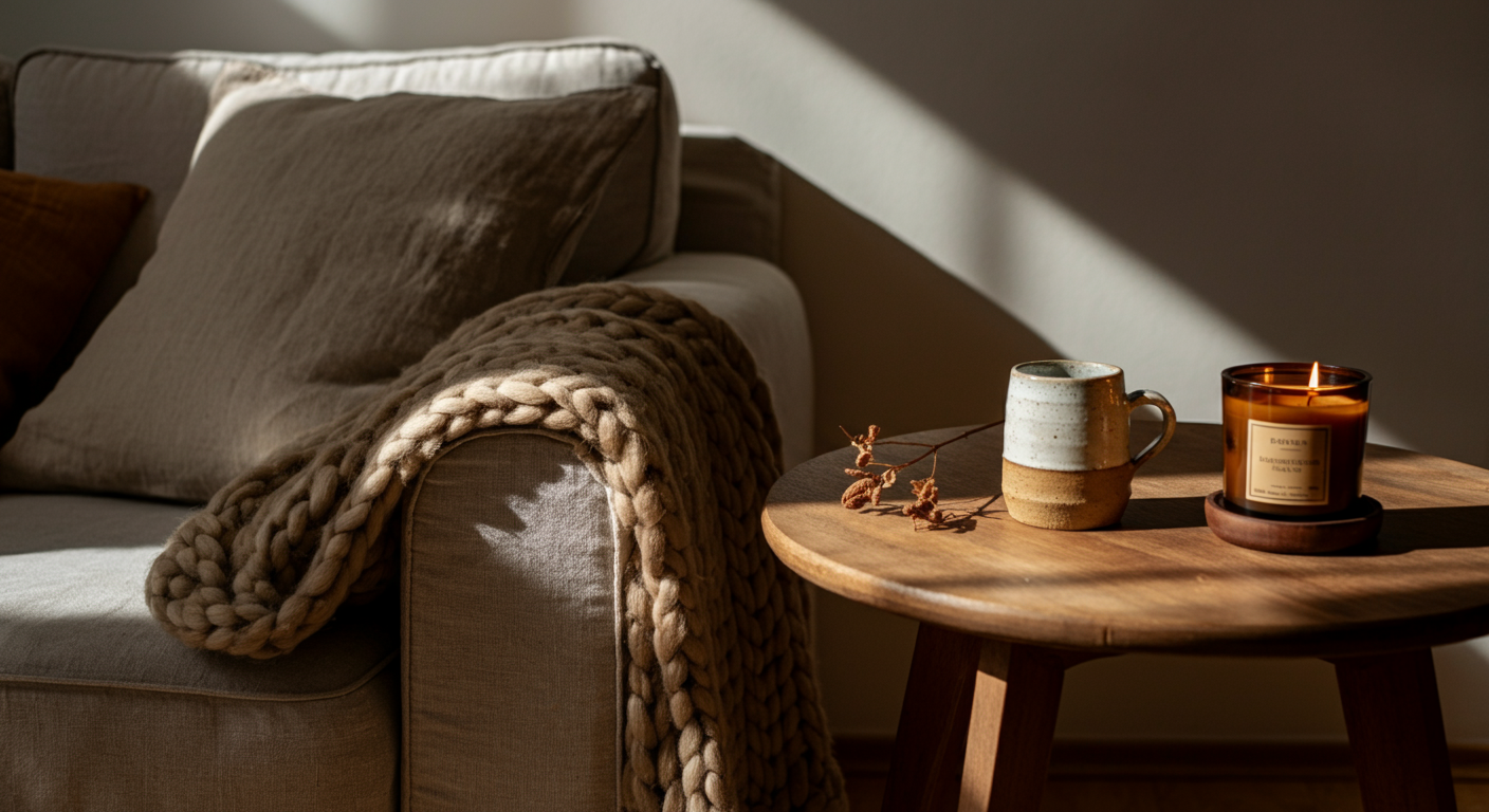 Salon chaleureux en automne avec plaid en laine, coussins en lin et bougie allumée dans une lumière douce