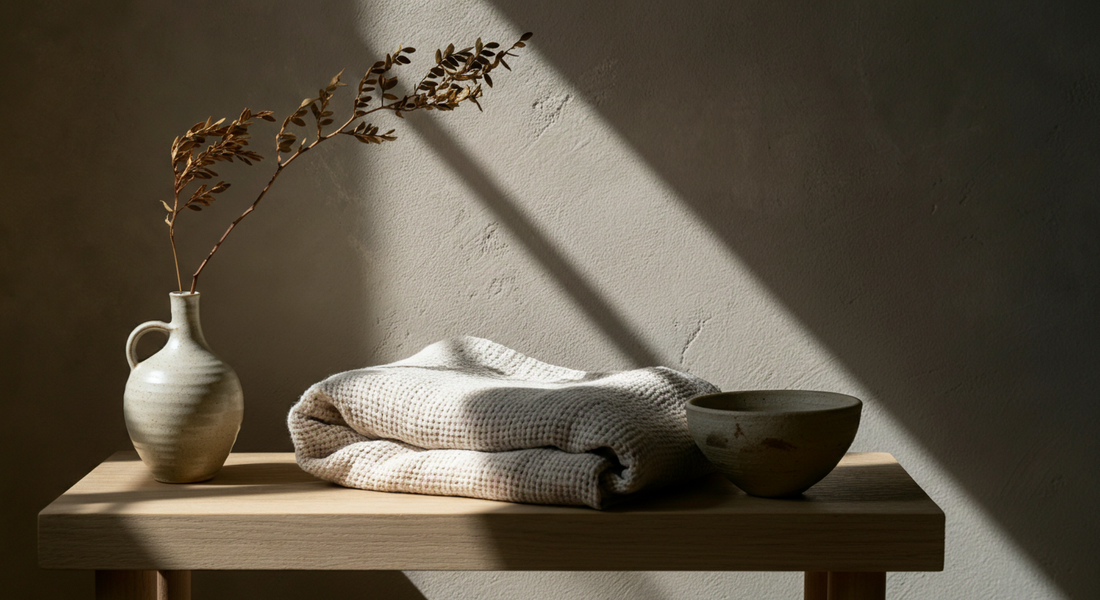 Intérieur épuré et lumineux dans l'esprit slow déco, avec quelques objets choisis en bois, lin et céramique