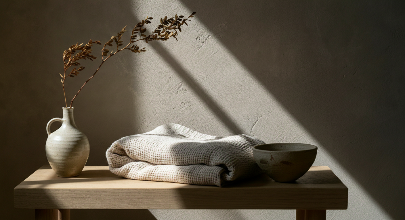 Intérieur épuré et lumineux dans l'esprit slow déco, avec quelques objets choisis en bois, lin et céramique