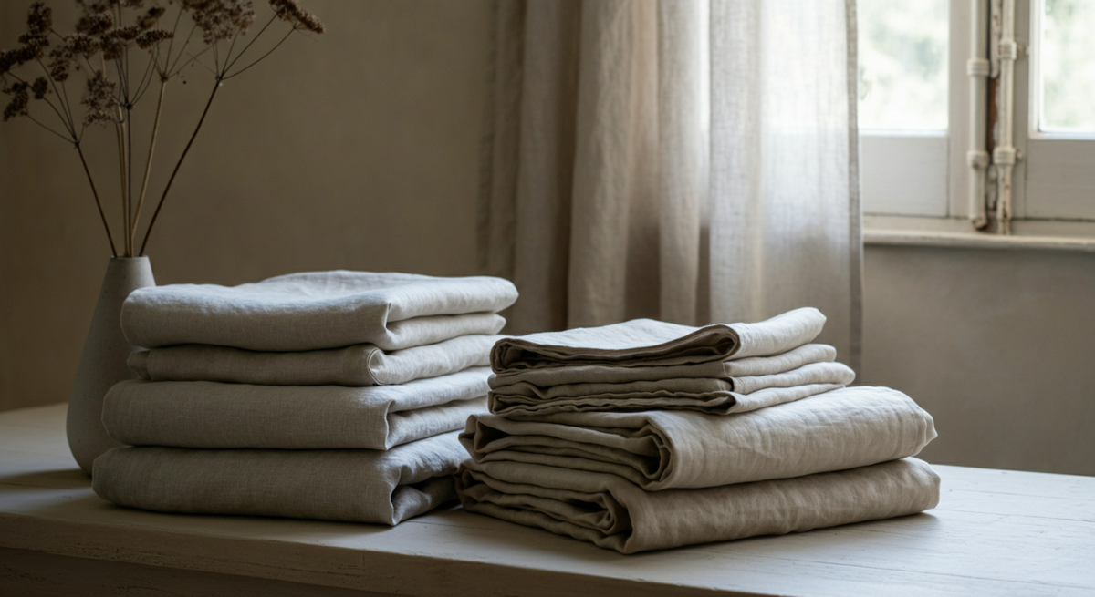 Linge en lin naturel plié près d'une fenêtre, lumière douce, intérieur calme