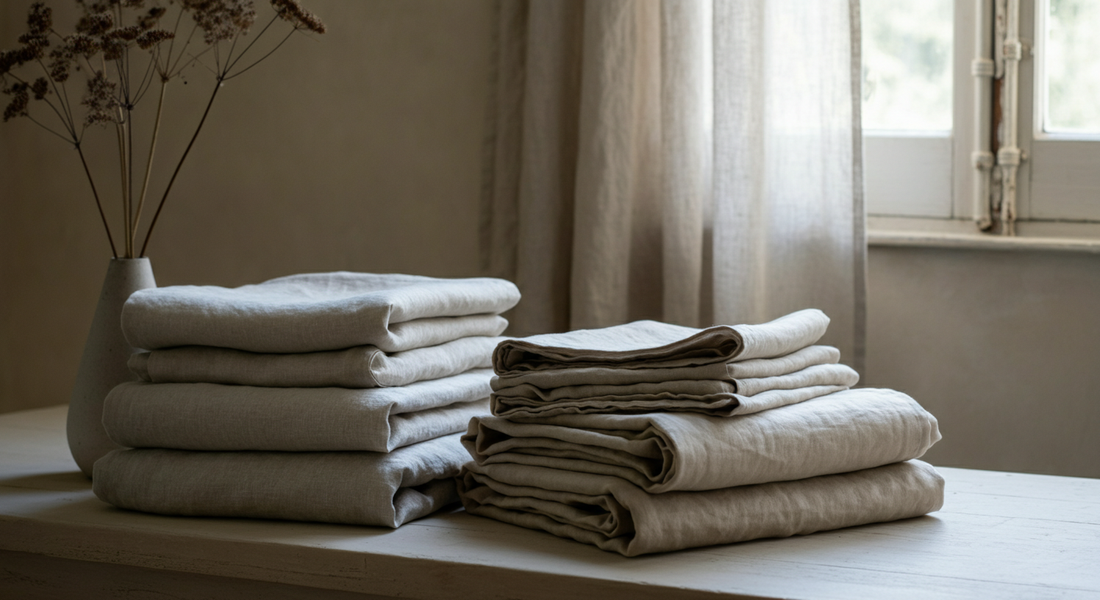 Linge en lin naturel plié près d'une fenêtre, lumière douce, intérieur calme