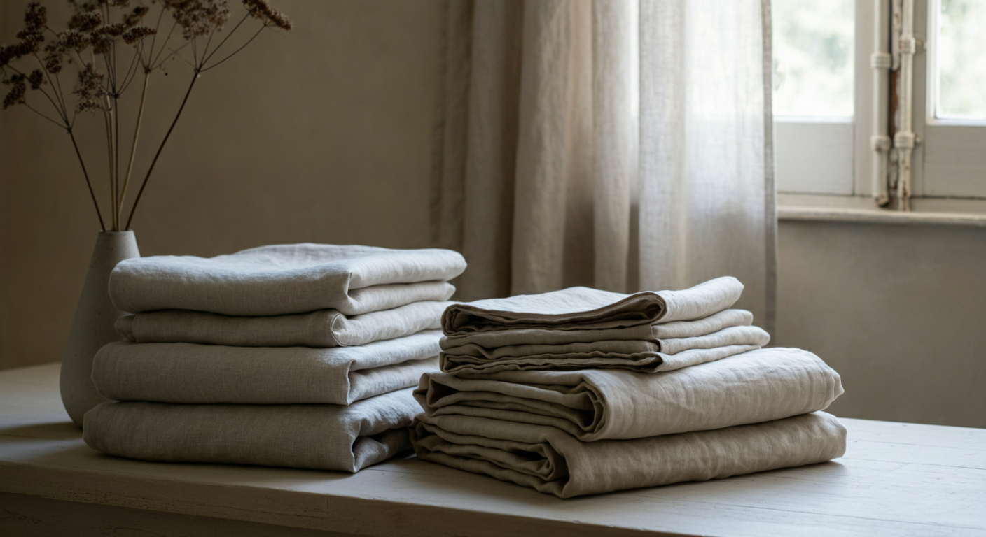Linge en lin naturel plié près d'une fenêtre, lumière douce, intérieur calme
