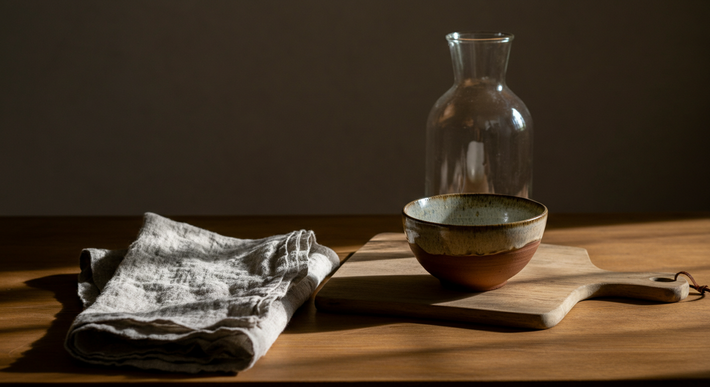 Objets du quotidien en lin, bois et céramique posés sur une table dans une lumière naturelle douce