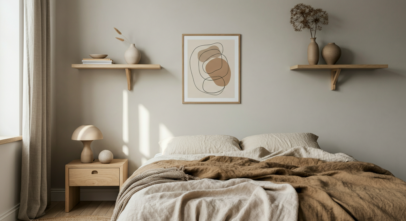 Chambre apaisante en lin naturel avec affiche encadrée, étagères en bois et vase de fleurs séchées