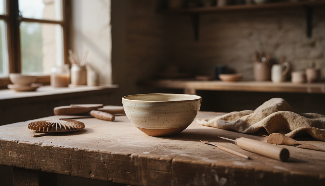 Atelier d'artisan français, mains façonnant une pièce en céramique dans une lumière naturelle douce