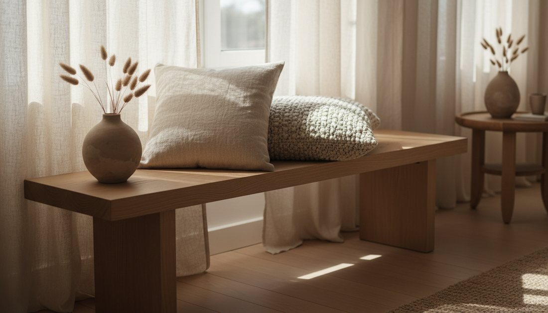 Rideaux et coussins en lin naturel dans un salon lumineux