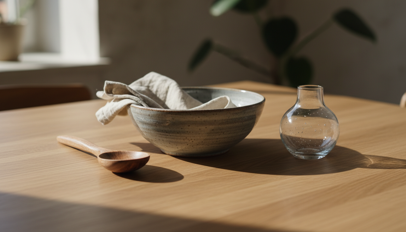 Objets artisanaux en céramique, bois et lin posés sur une table en bois dans une lumière naturelle douce