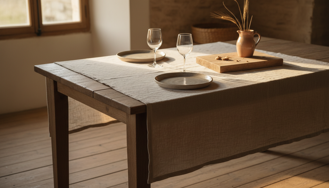 Table en bois dressée simplement avec vaisselle en grès et linge en lin, lumière naturelle douce