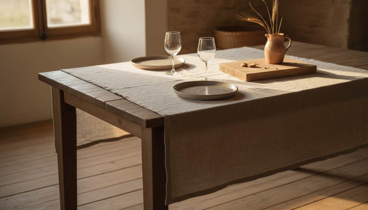 Table en bois dressée simplement avec vaisselle en grès et linge en lin, lumière naturelle douce