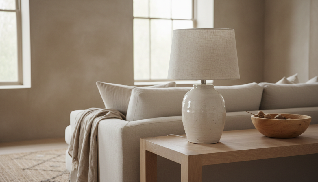 Lampe à poser en céramique avec abat-jour en lin sur une console en bois dans un salon lumineux