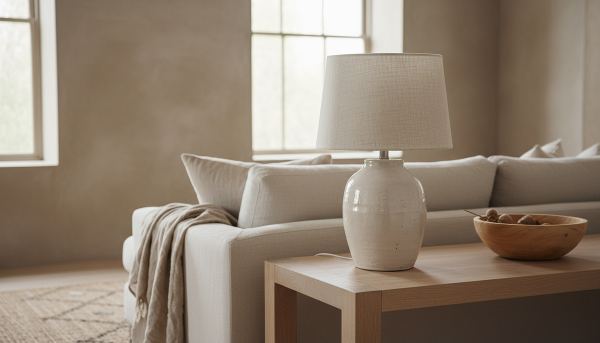 Lampe à poser en céramique avec abat-jour en lin sur une console en bois dans un salon lumineux
