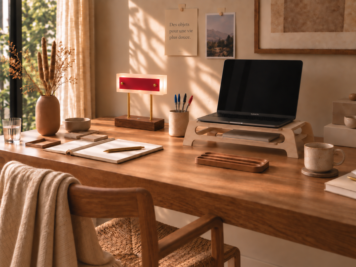 Coin bureau en bois clair avec support d’ordinateur portable, lampe à poser, vide-poche et carnet ouvert