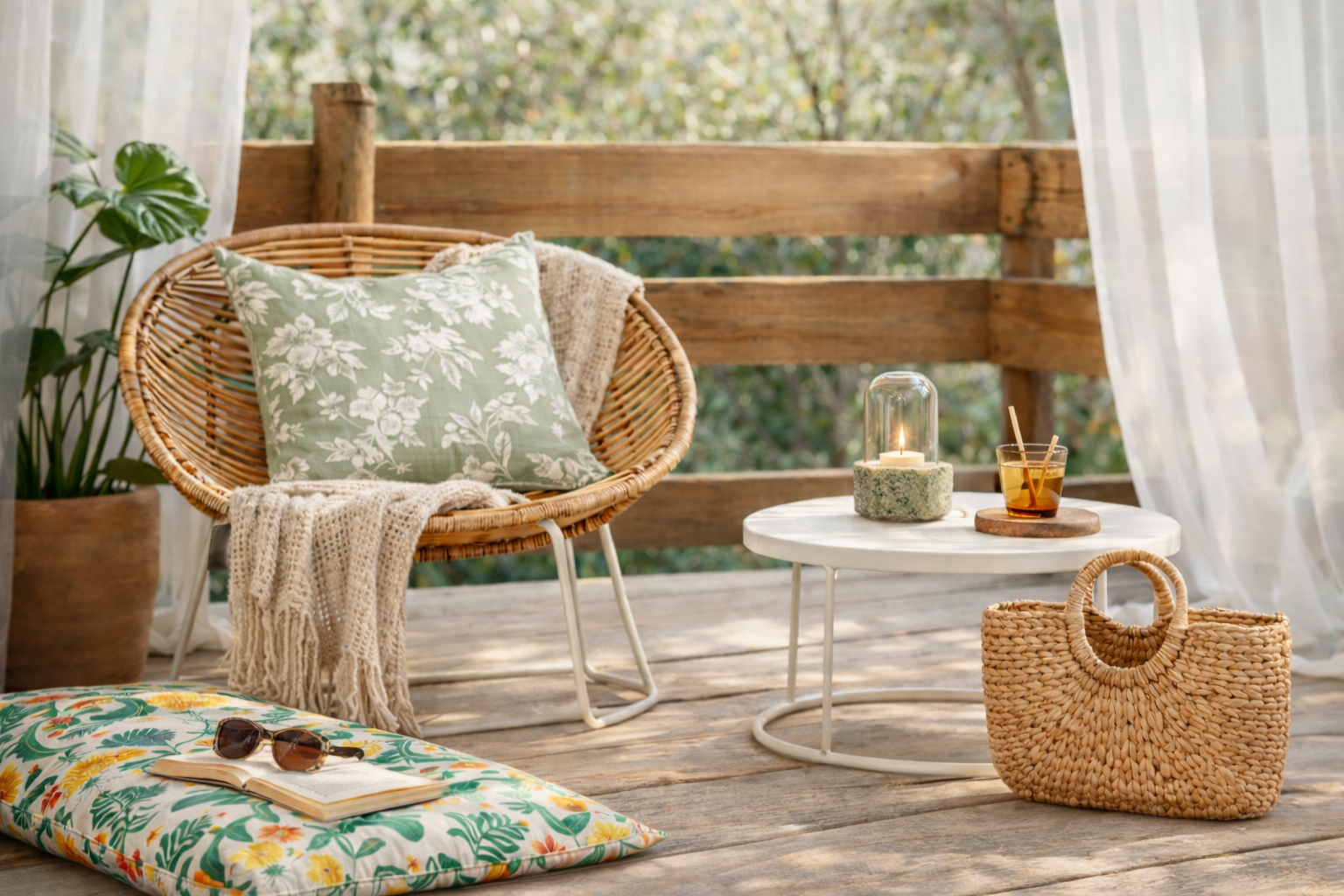 Décoration extérieure terrasse naturelle avec fauteuil rotin coussin floral vert photophore verre et matelas de sol tropical.