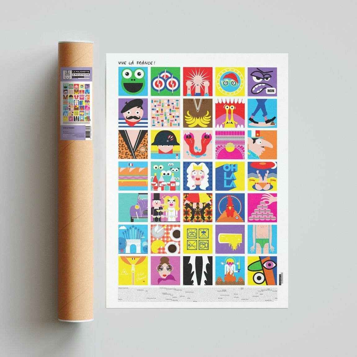 Affiche illustrée “Vive la France !” composée d’une grille de vignettes graphiques colorées représentant des symboles et scènes emblématiques de la culture française, présentée à côté de son tube de protection en carton.