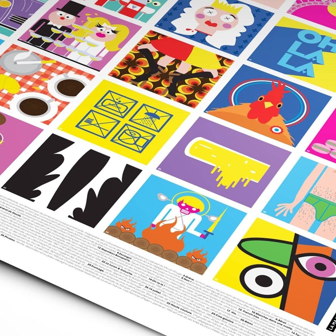 Détail de l’affiche illustrée “Vive la France !” montrant une mosaïque de vignettes colorées au style graphique pop, représentant des scènes et symboles emblématiques de la culture française sur fond blanc.