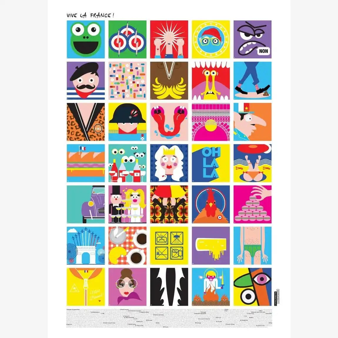 Affiche graphique multicolore composée d’une grille d’illustrations pop représentant des symboles, personnages et scènes emblématiques de la culture française, avec le titre “Vive la France !” en haut.