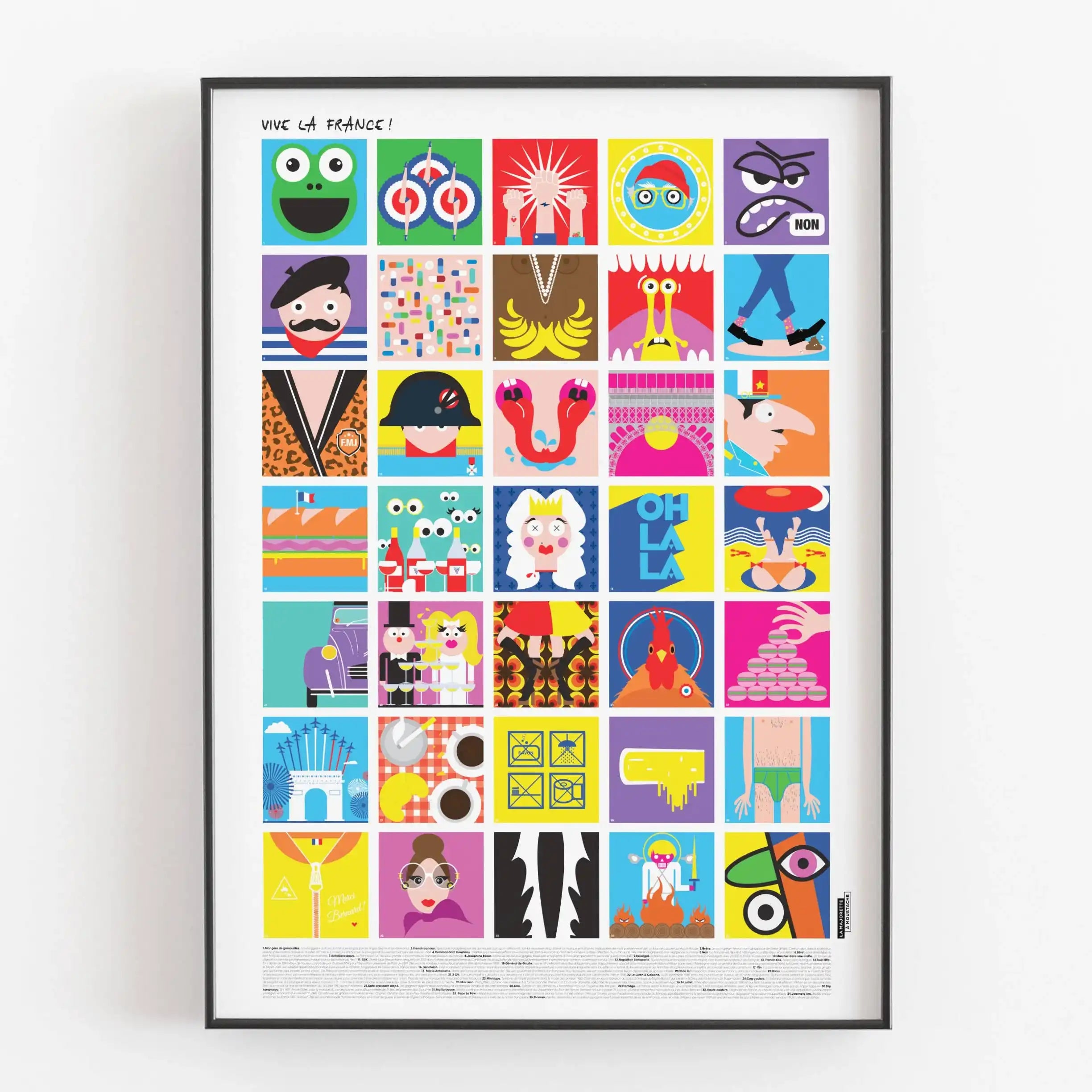 Affiche colorée “Vive la France !” composée d’une grille d’illustrations pop et graphiques représentant des symboles et scènes emblématiques de la culture française, présentée dans un cadre noir.