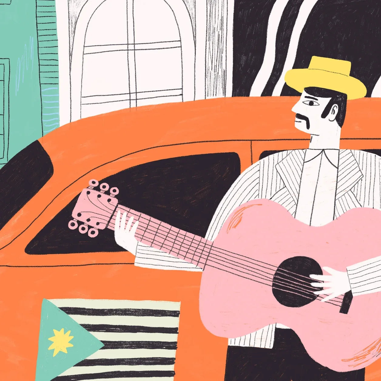 Affiche colorée avec trois musiciens devant un night club.