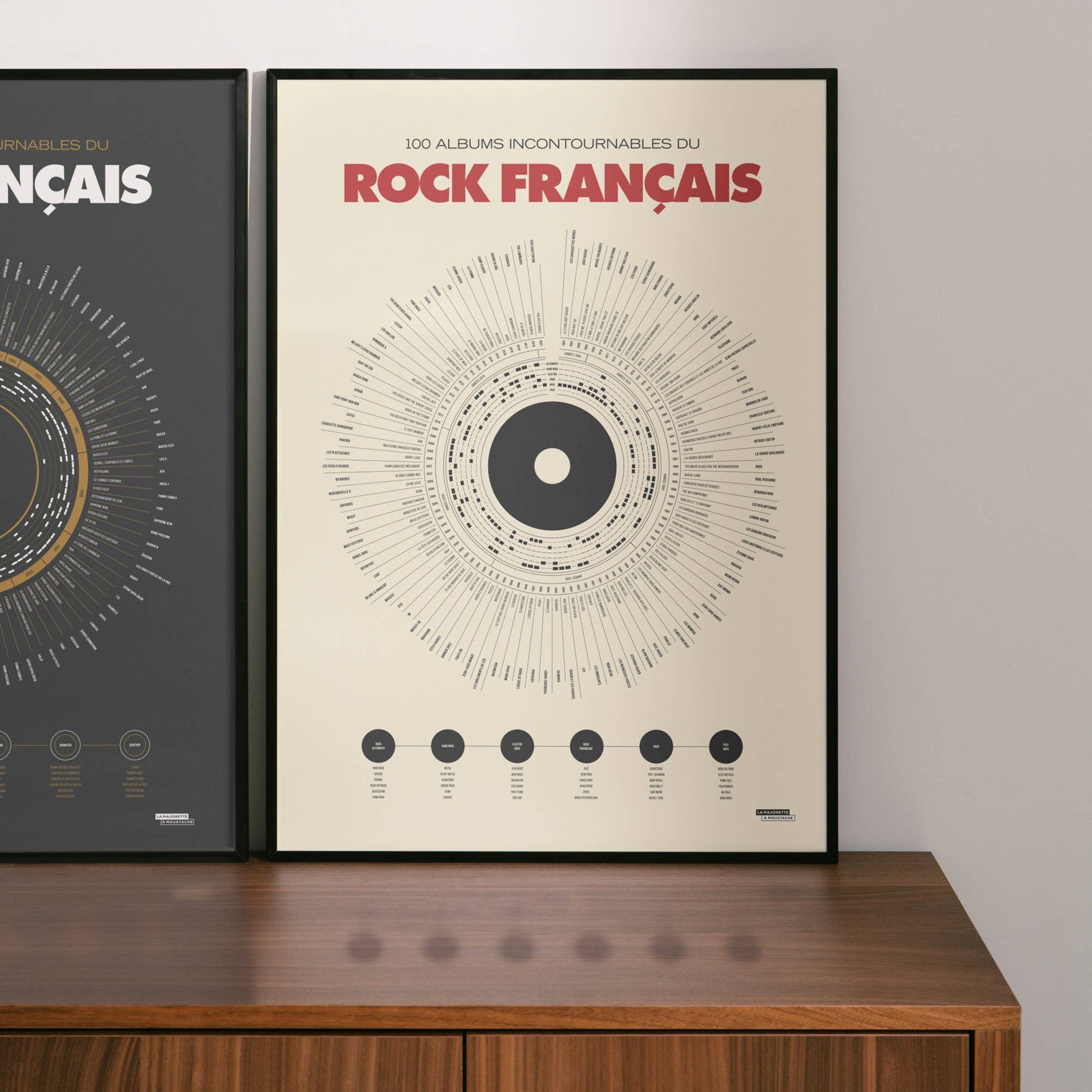 Affiche “100 albums incontournables du rock français” encadrée en noir, posée sur un meuble en bois, design graphique circulaire inspiré d’un disque vinyle sur fond beige.