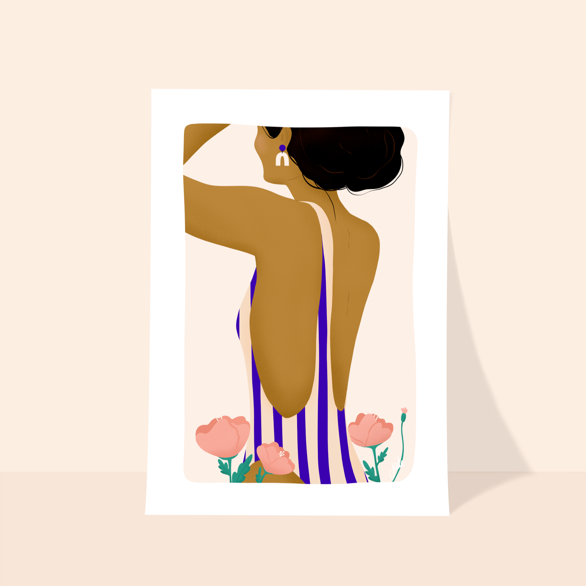 Affiche illustrée femme de dos en maillot rayé, style graphique minimaliste.