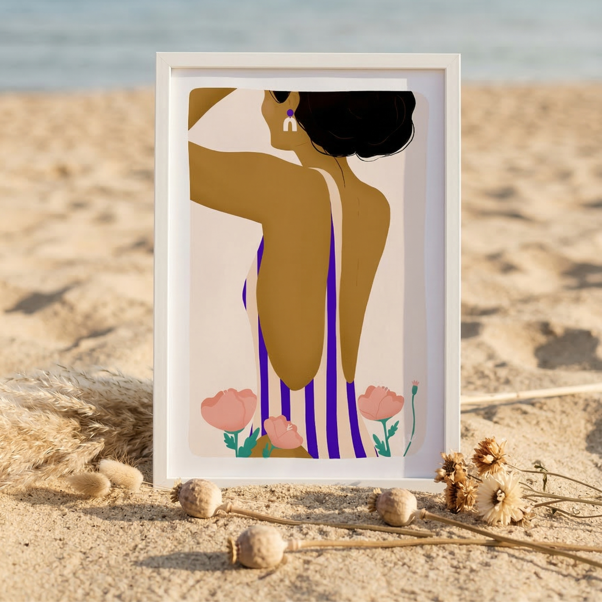 Affiche illustrée femme de dos en maillot rayé, style graphique minimaliste.