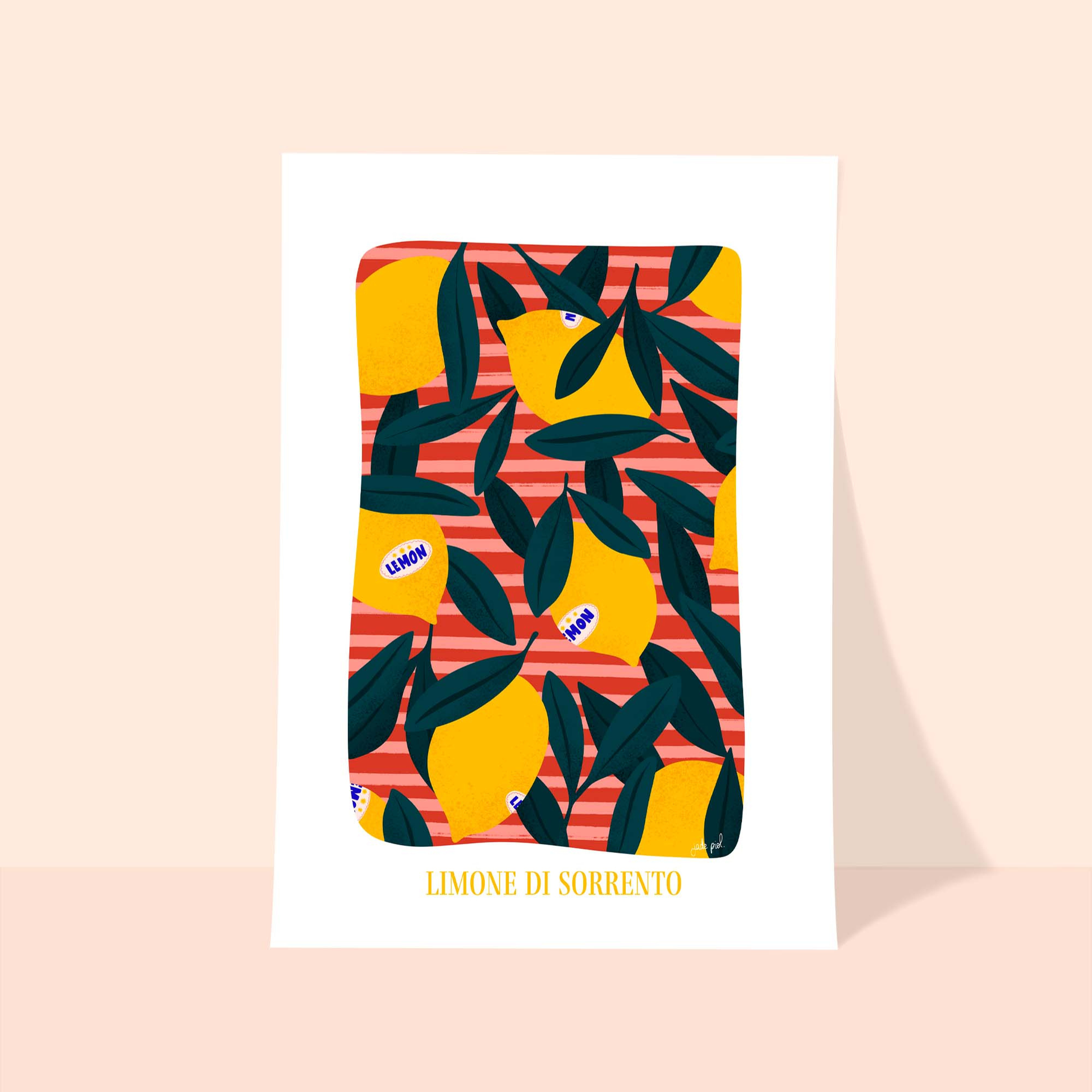 Affiche illustrée citrons jaunes et feuillage vert sur fond rayé rouge, style graphique coloré “Limone di Sorrento”.