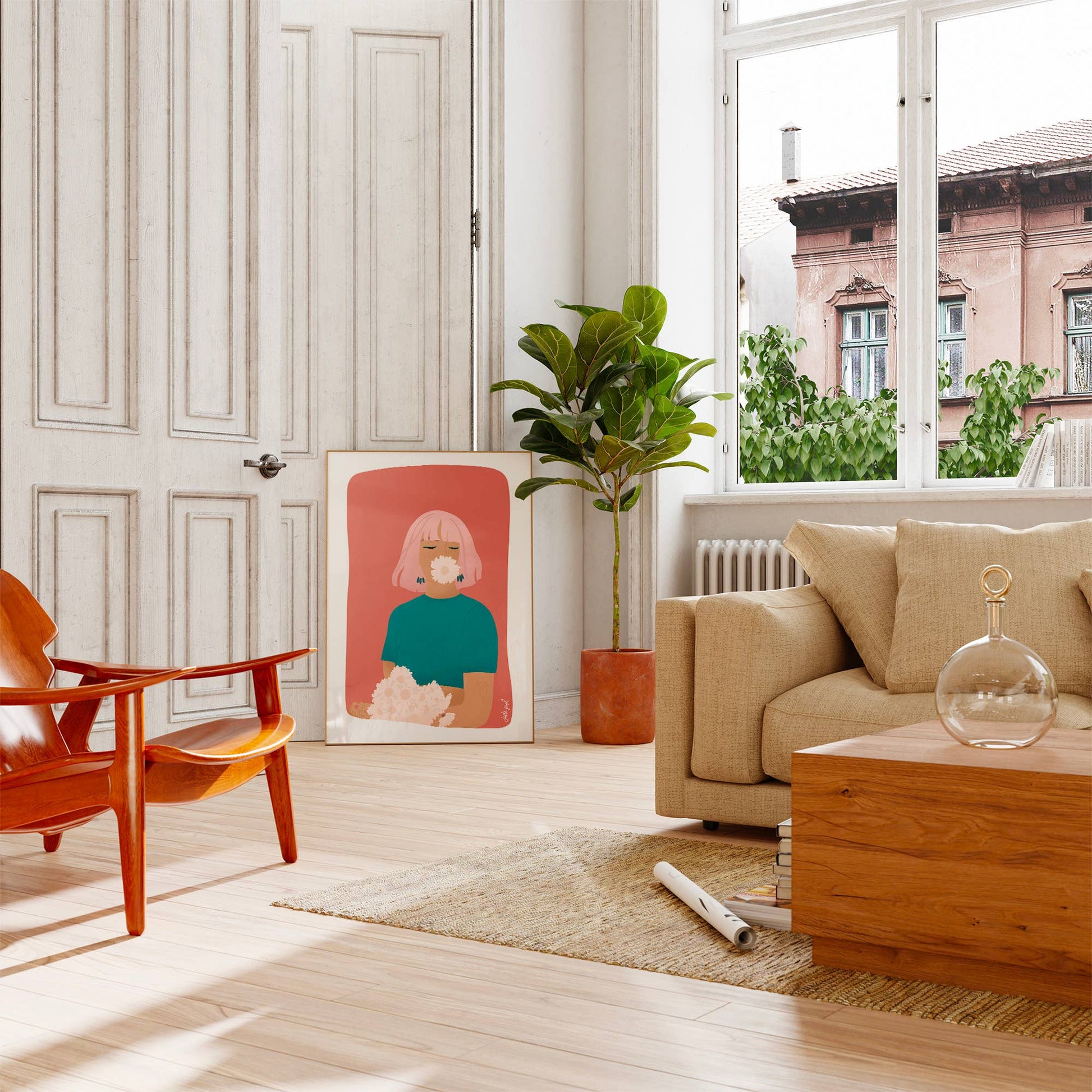 Affiche illustrée femme aux cheveux roses tenant des fleurs blanches, style graphique minimaliste aux tons chauds.