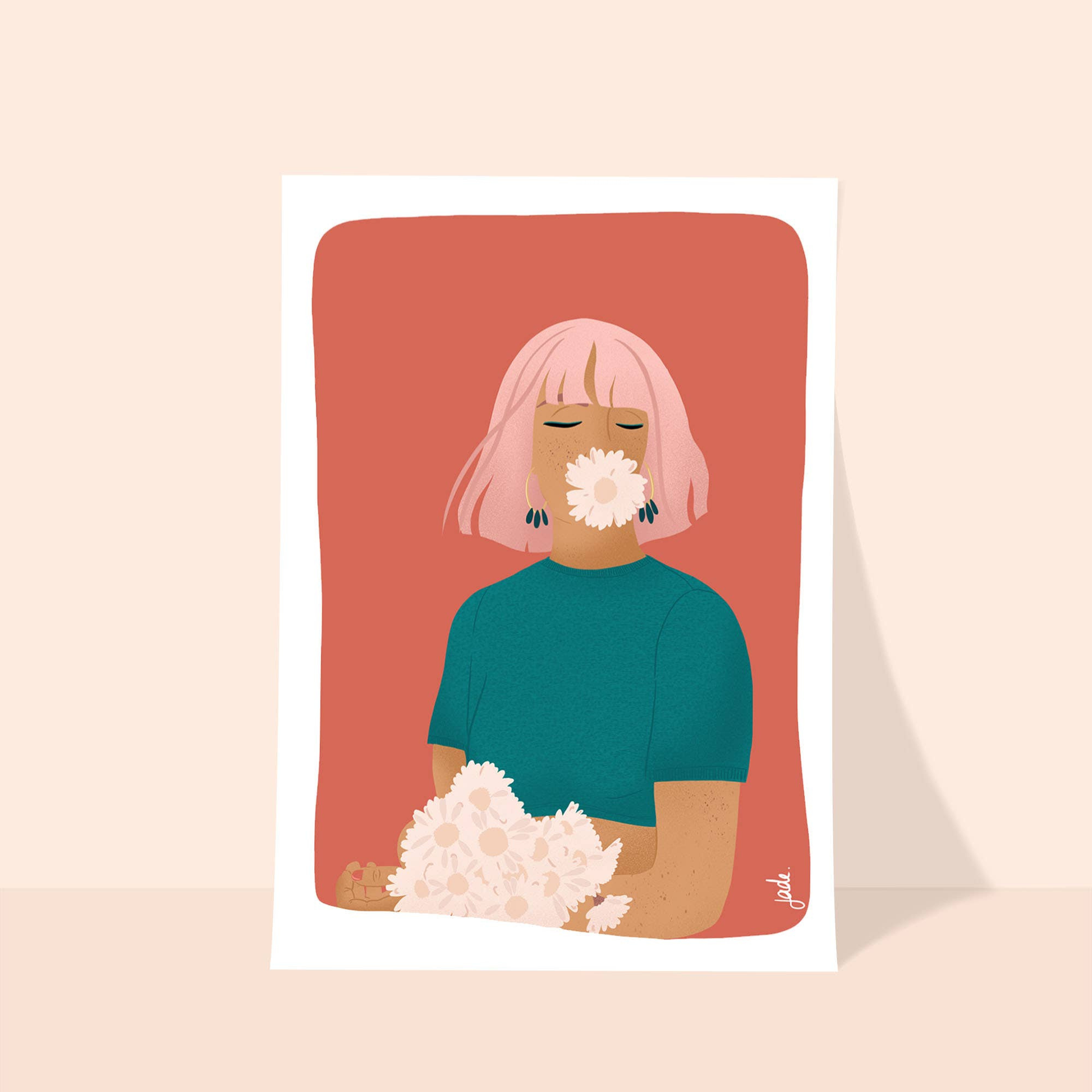 Affiche illustrée femme aux cheveux roses tenant des fleurs blanches, style graphique minimaliste aux tons chauds.