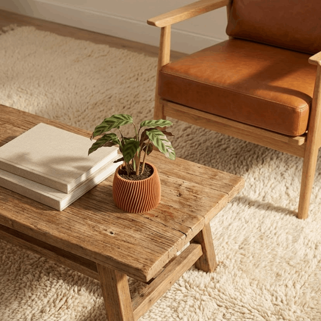 Fauteuil en cuir avec une table basse en bois, quelques éléments de décoration comme des livres et une plante. Au sol, se trouve un tapis.