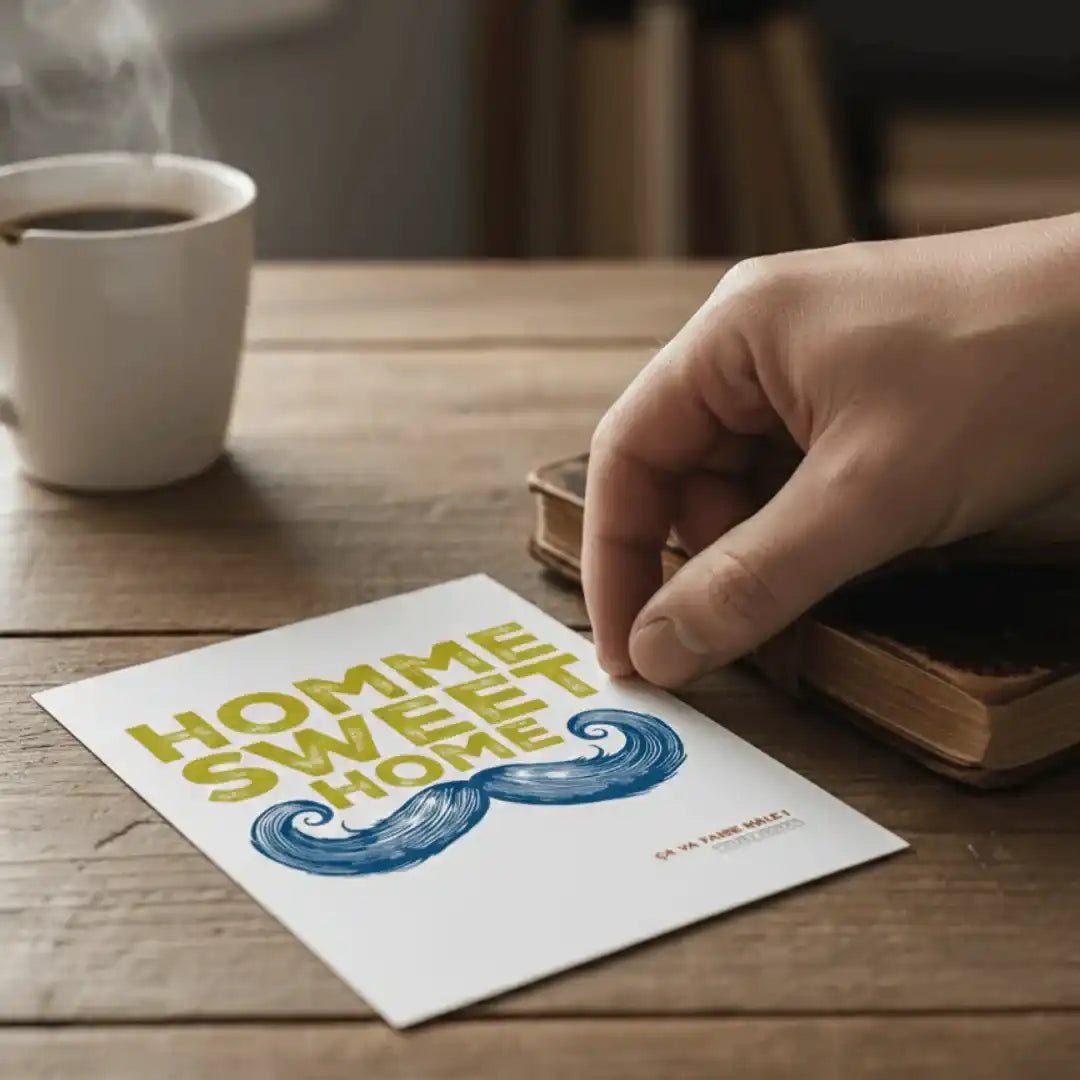 Carte illustrée typographique “Homme sweet homme”, illustration de moustache et design graphique artisanal sur papier.