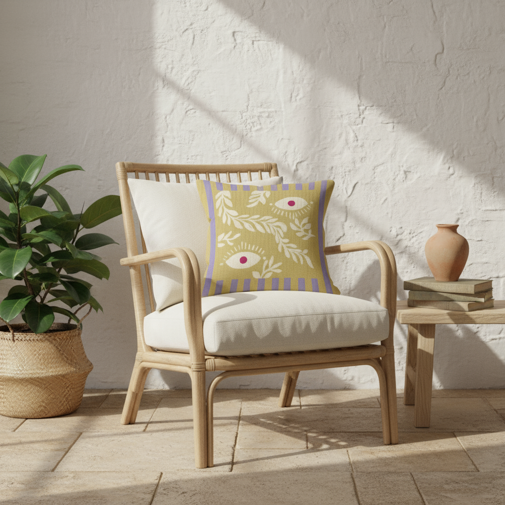 Coussin sur un fauteuil en osier avec une plante sur la gauche.