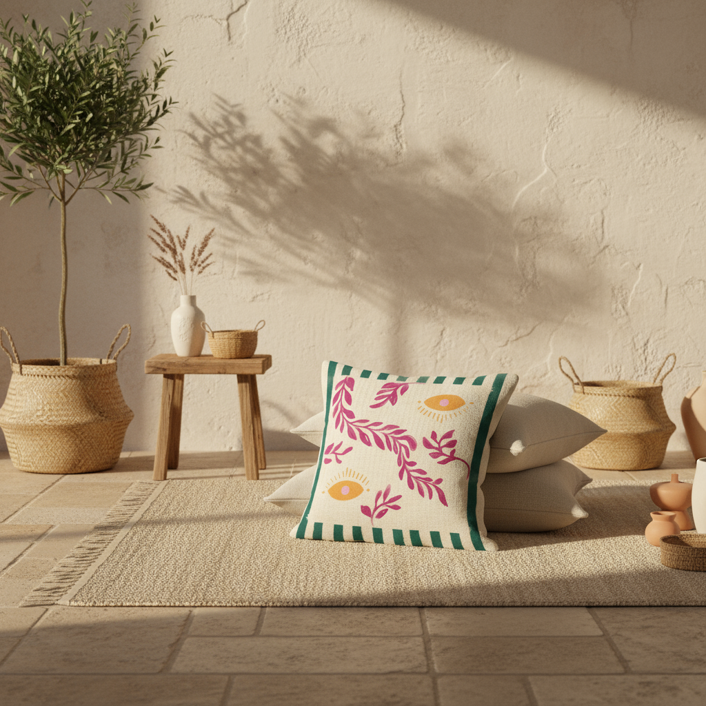 Coussin posé au sol entouré de décoration.