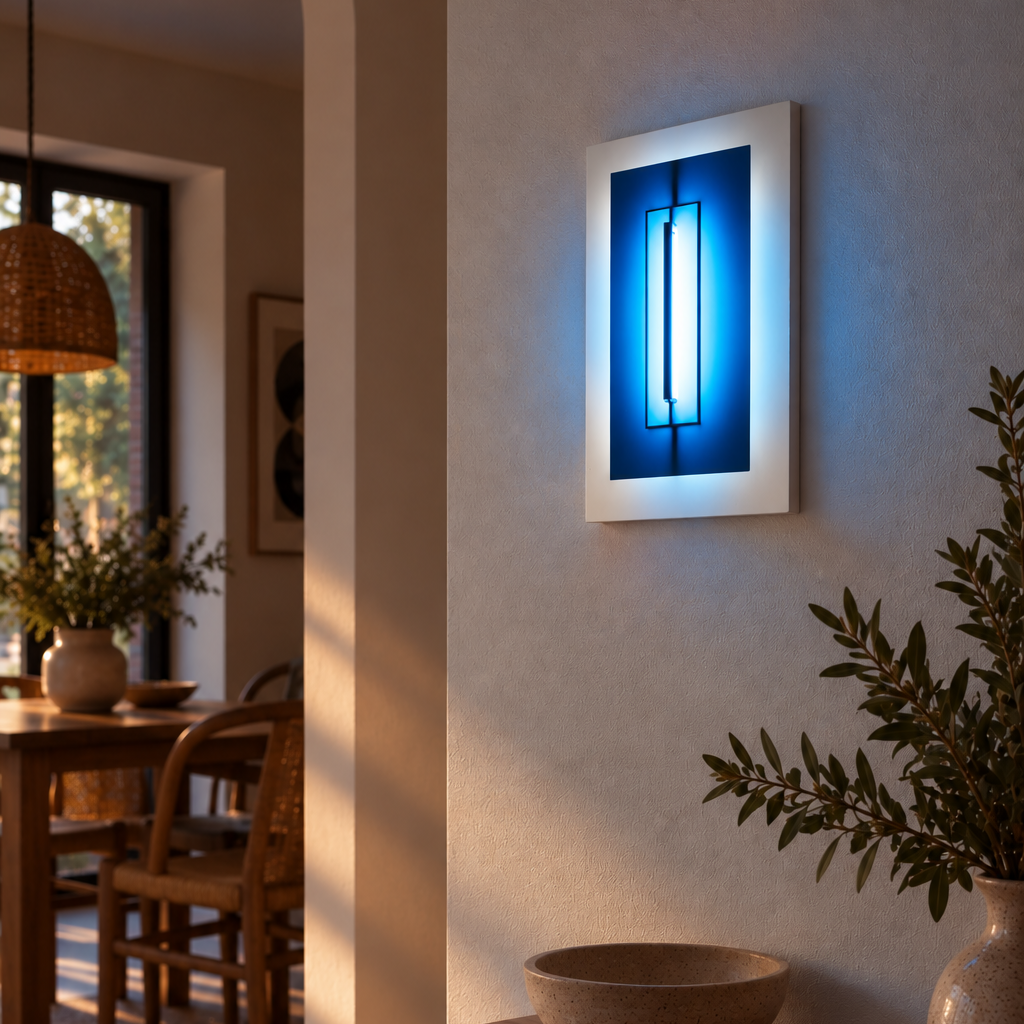 Applique murale bleu roi allumée et accrochée dans une entrée de maison