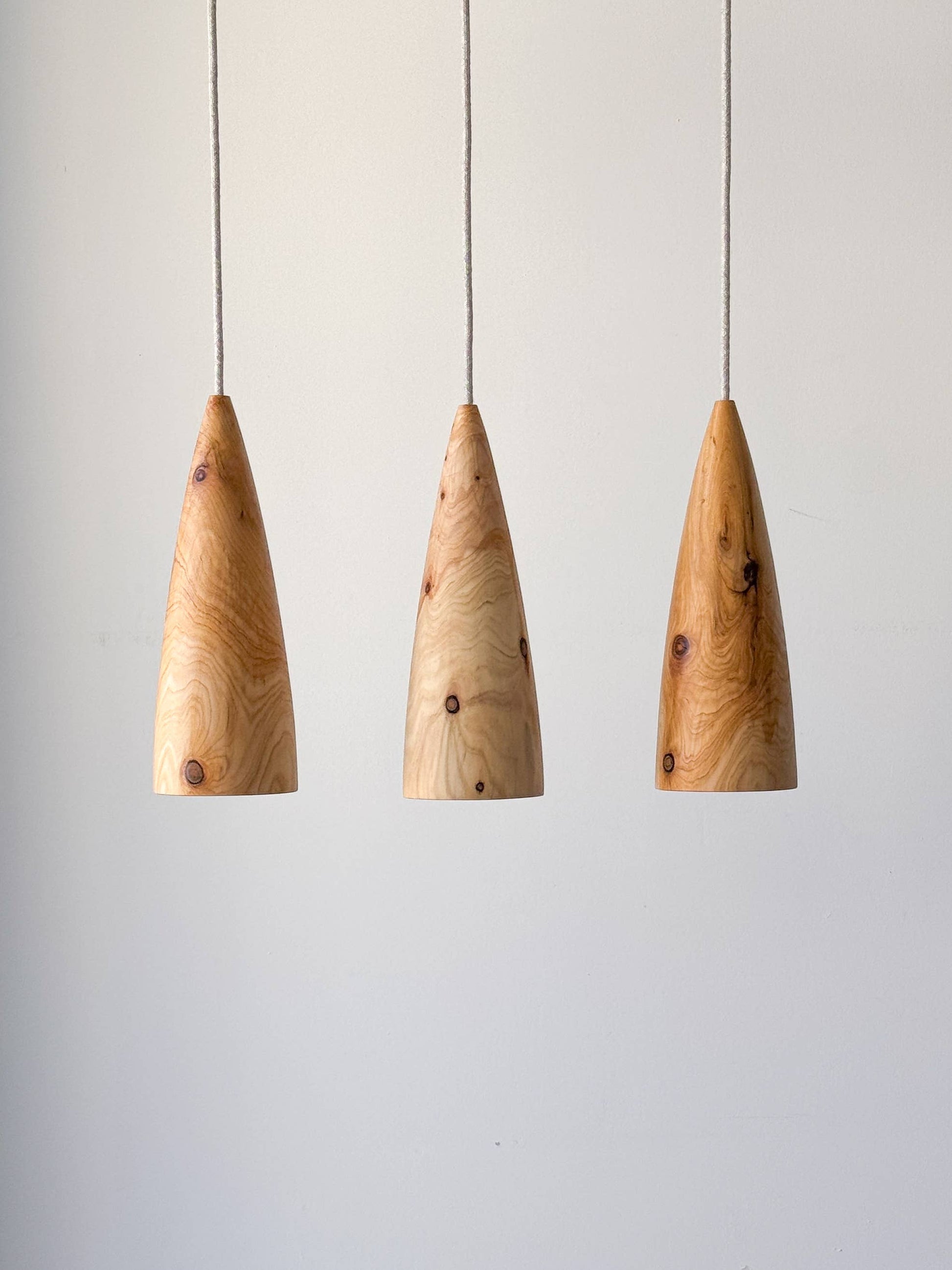 Trois lampes en bois suspendues.