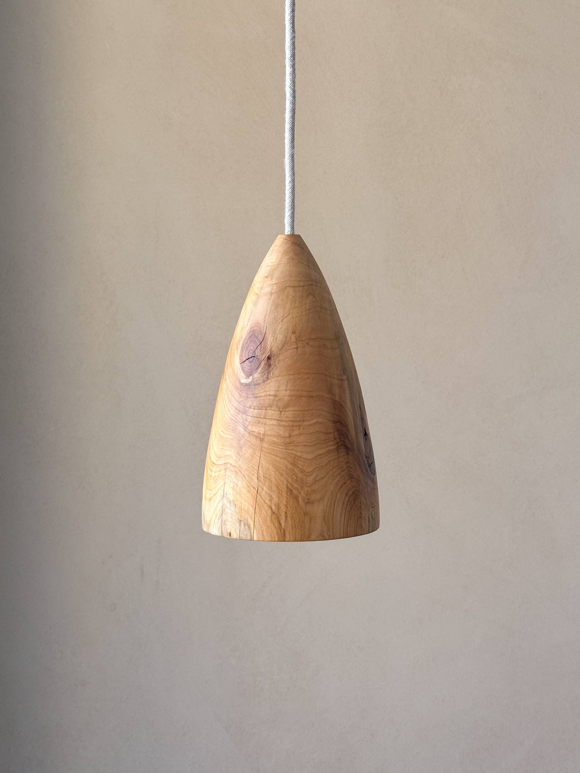Une lampe en bois suspendue.