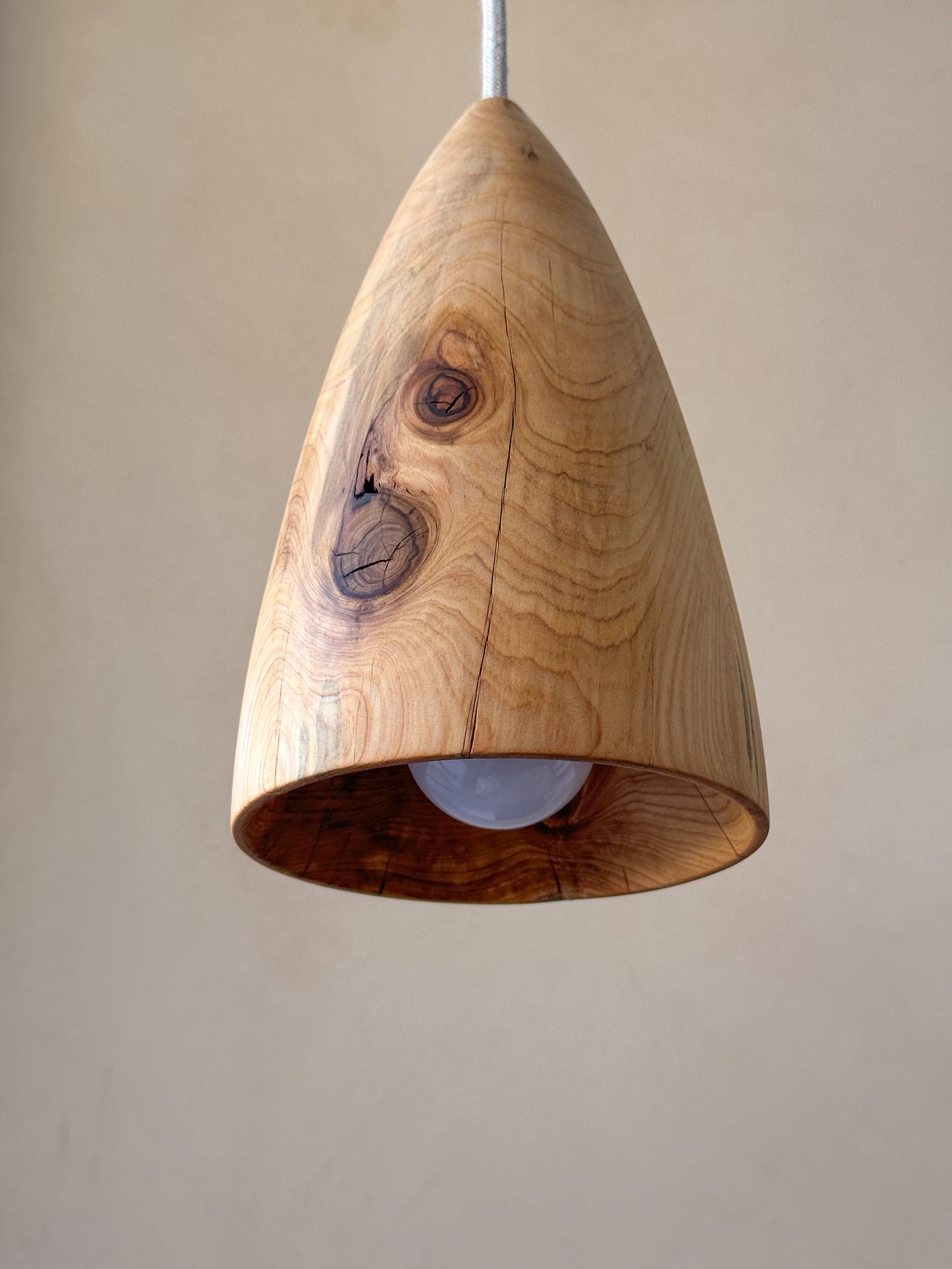Une lampe en bois suspendue.