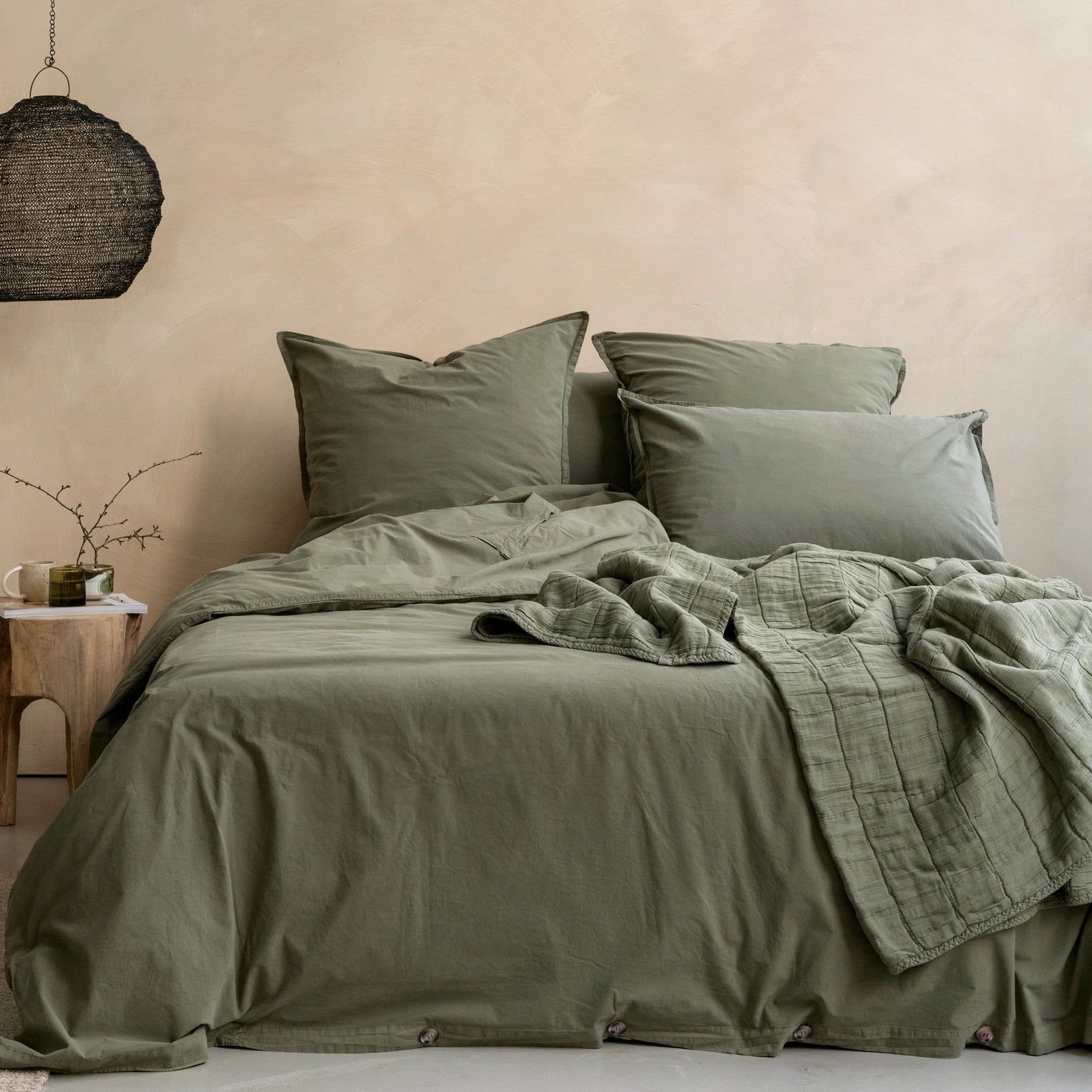 Housse de couette OONA en percale de coton lavé, coloris olive