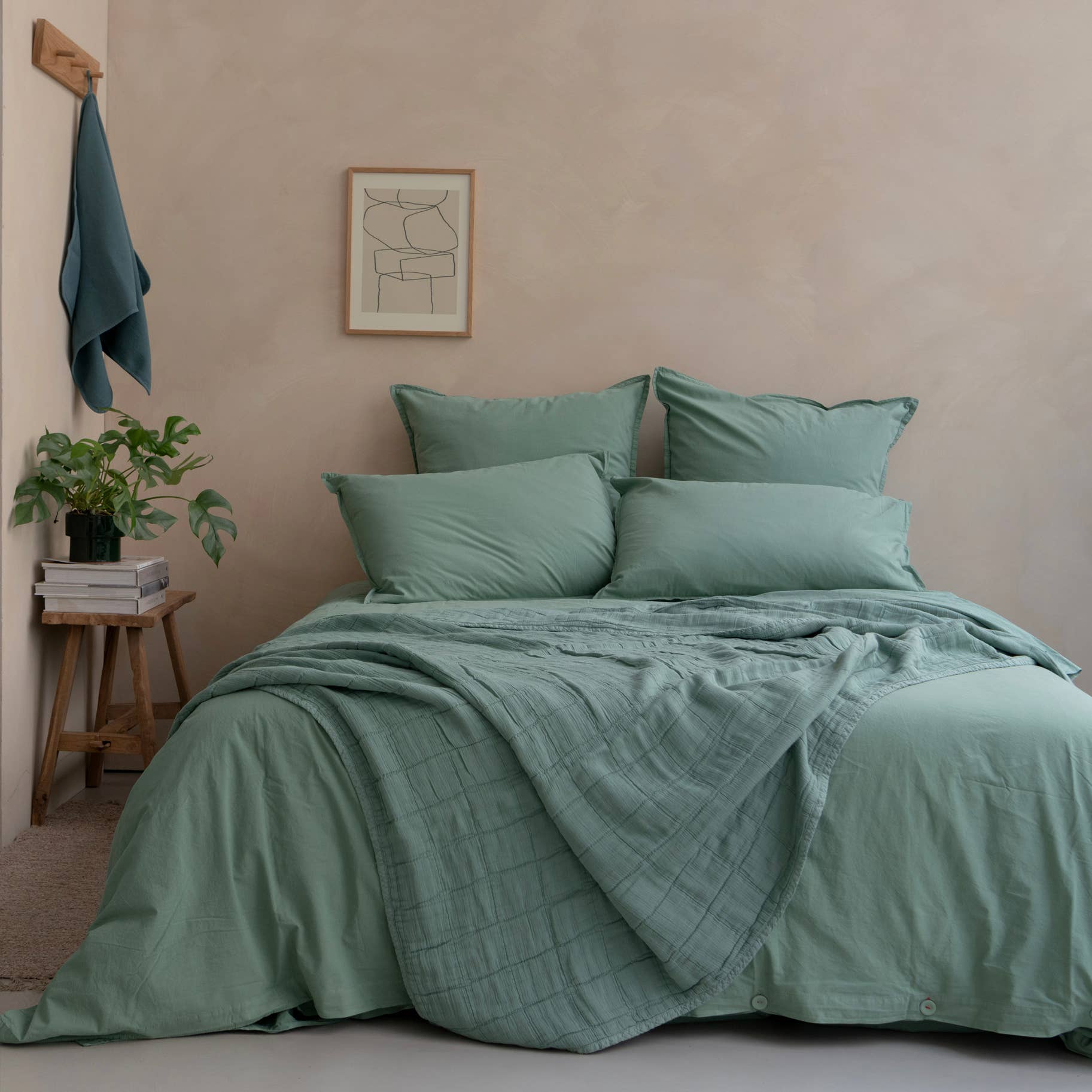 Housse de couette OONA en percale de coton lavé, coloris sauge