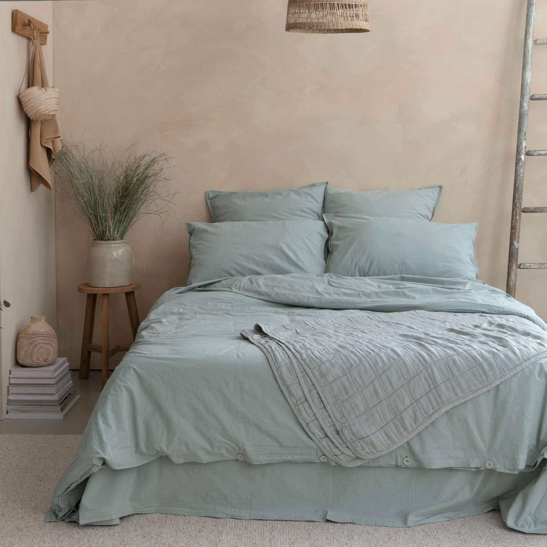Housse de couette OONA en percale de coton lavé, coloris sauge clair