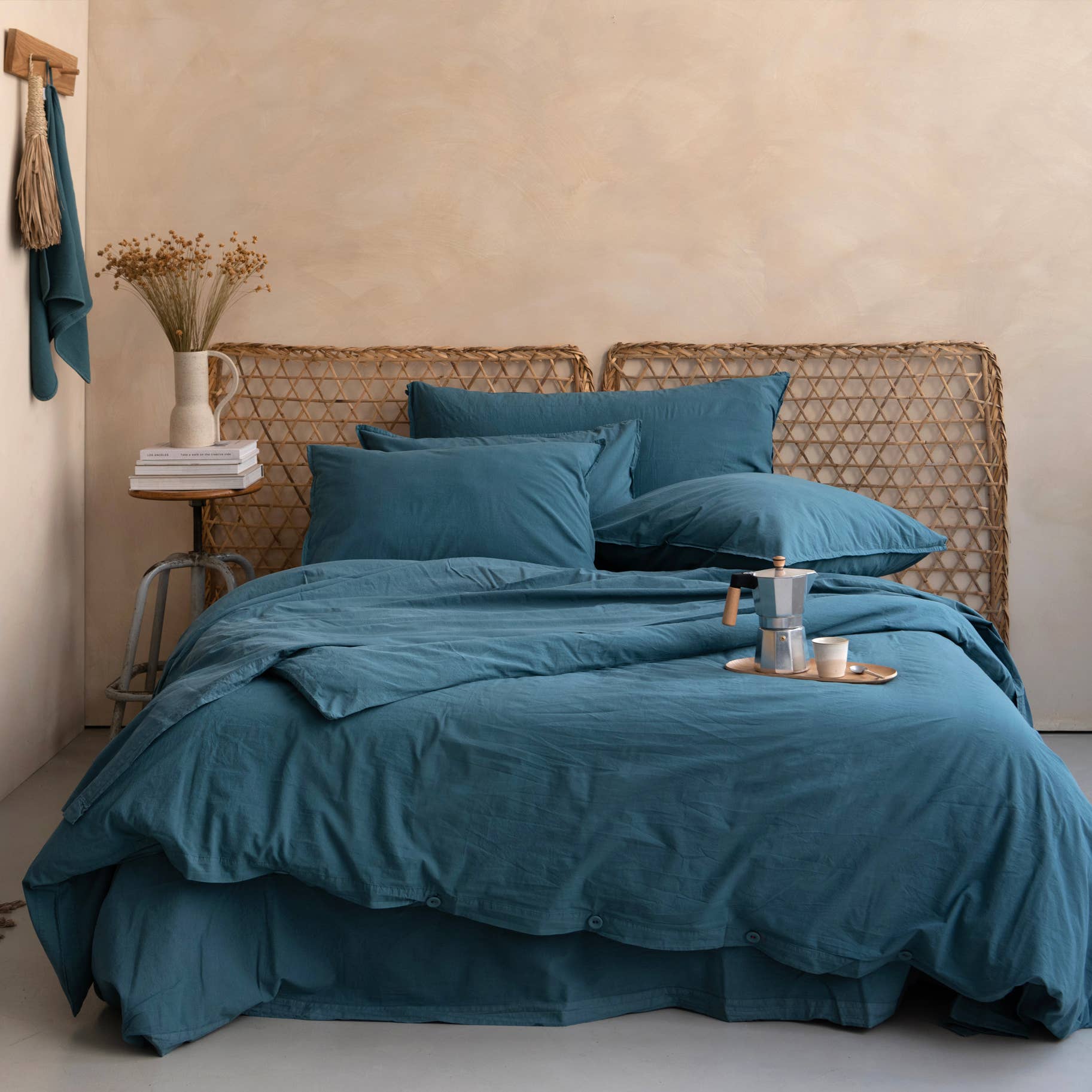 Housse de couette OONA en percale de coton lavé, coloris sauge foncé