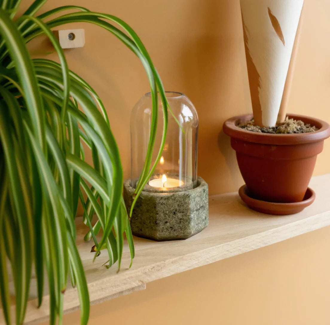 Photophore en pierre recyclée avec cloche en verre et bougie, objet décoratif naturel posé sur étagère avec plantes.