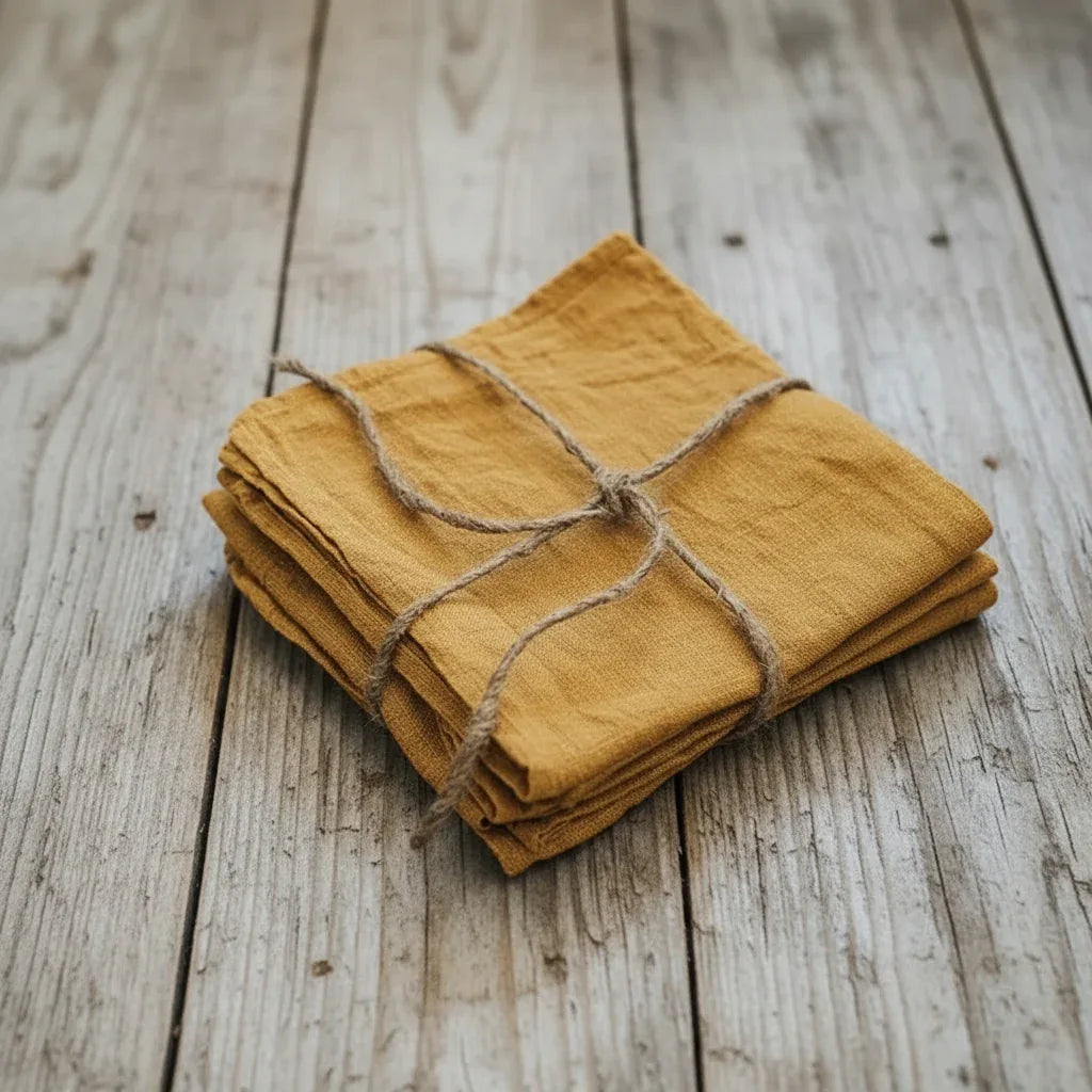 Paquet de quelques serviettes en lin moutarde.