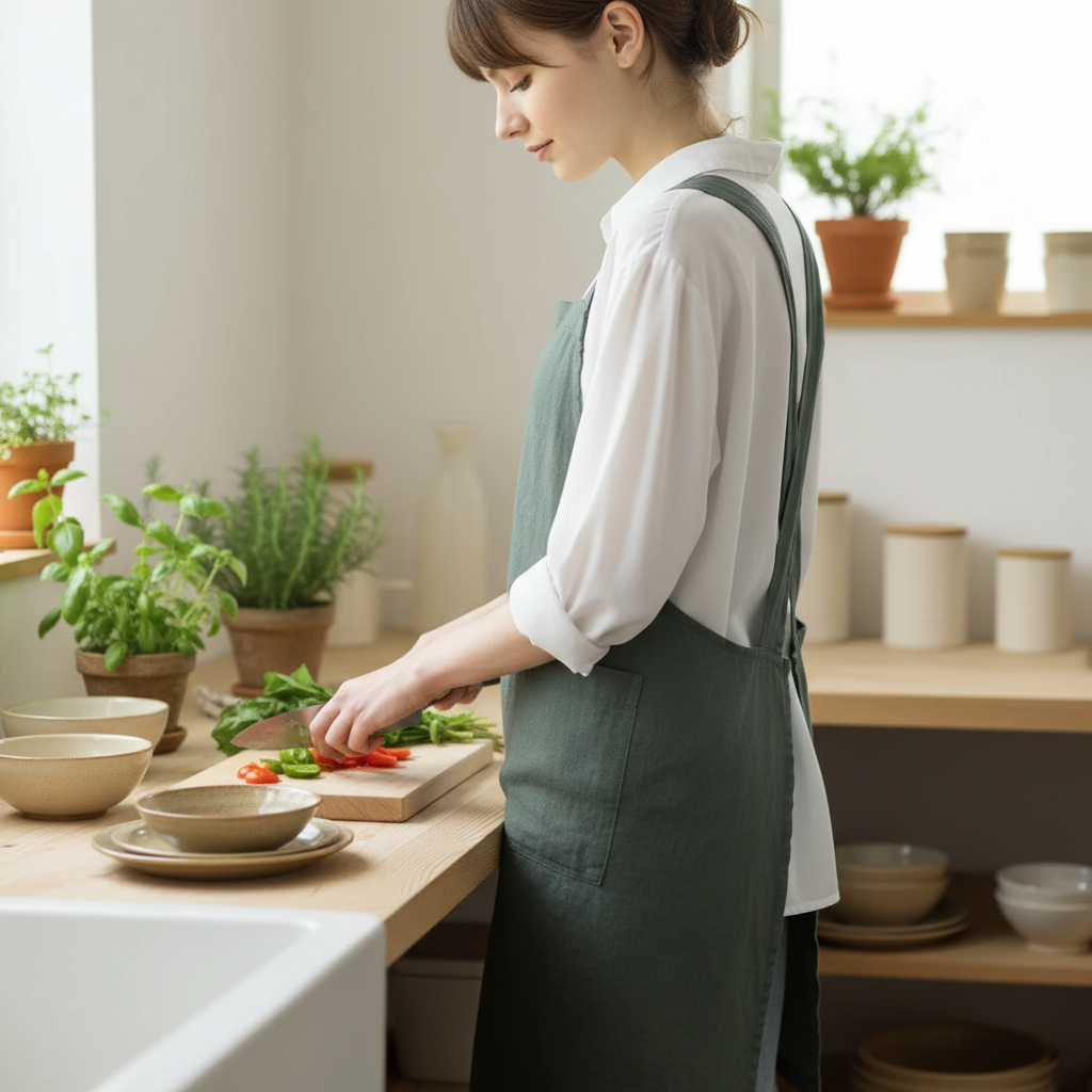 Femme entrain de cuisiner avec un tablier de couleur sauge.