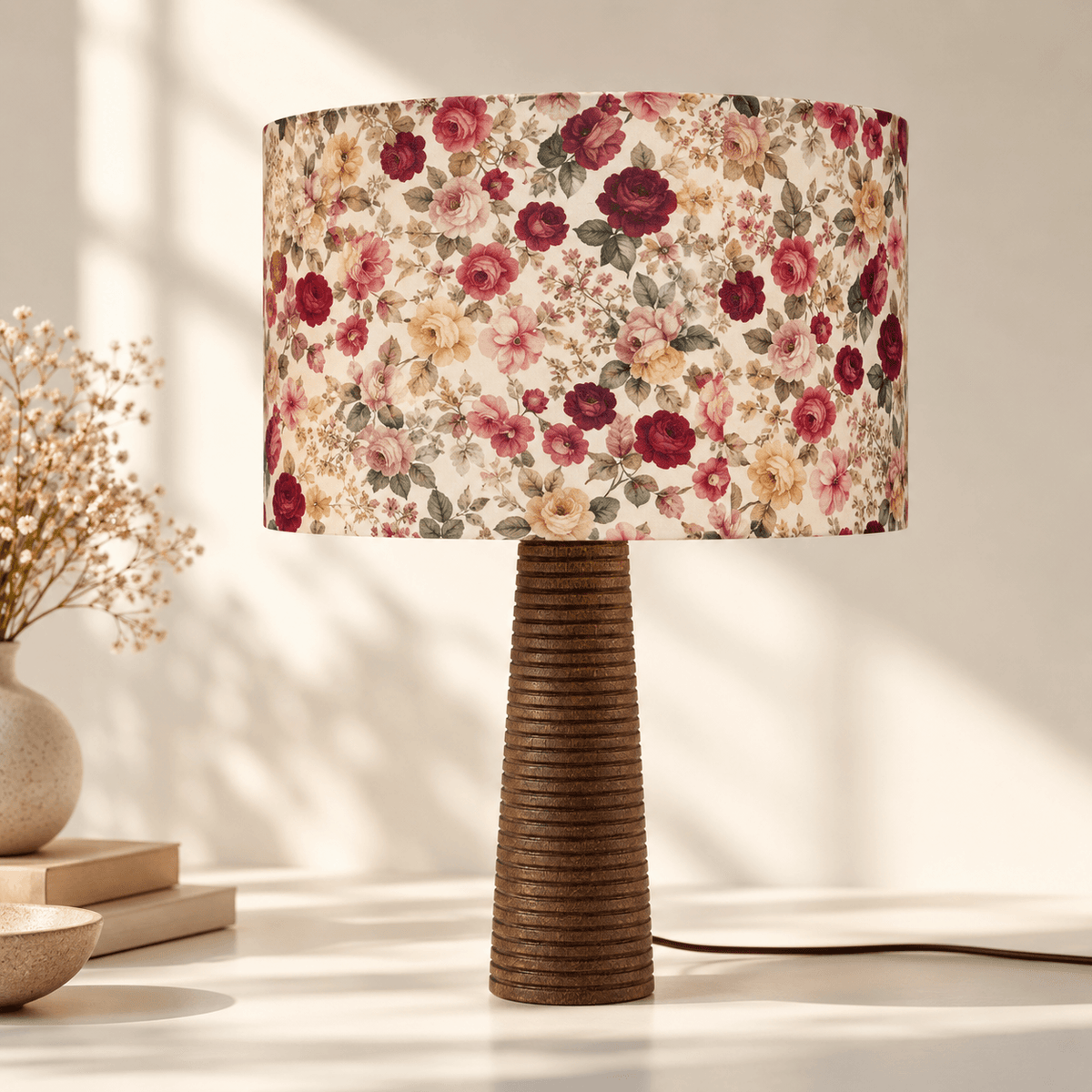 Lampe à poser avec abat-jour cylindrique en tissu fleuri aux tons rose, bordeaux, beige et vert, associée à un pied conique en bois foncé texturé.