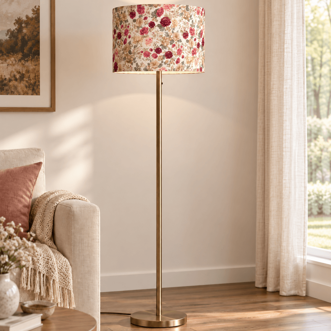 Lampadaire avec abat-jour cylindrique en tissu fleuri aux tons rose, bordeaux, beige et vert, monté sur un pied fin en métal doré, dans un salon lumineux aux tons naturels.