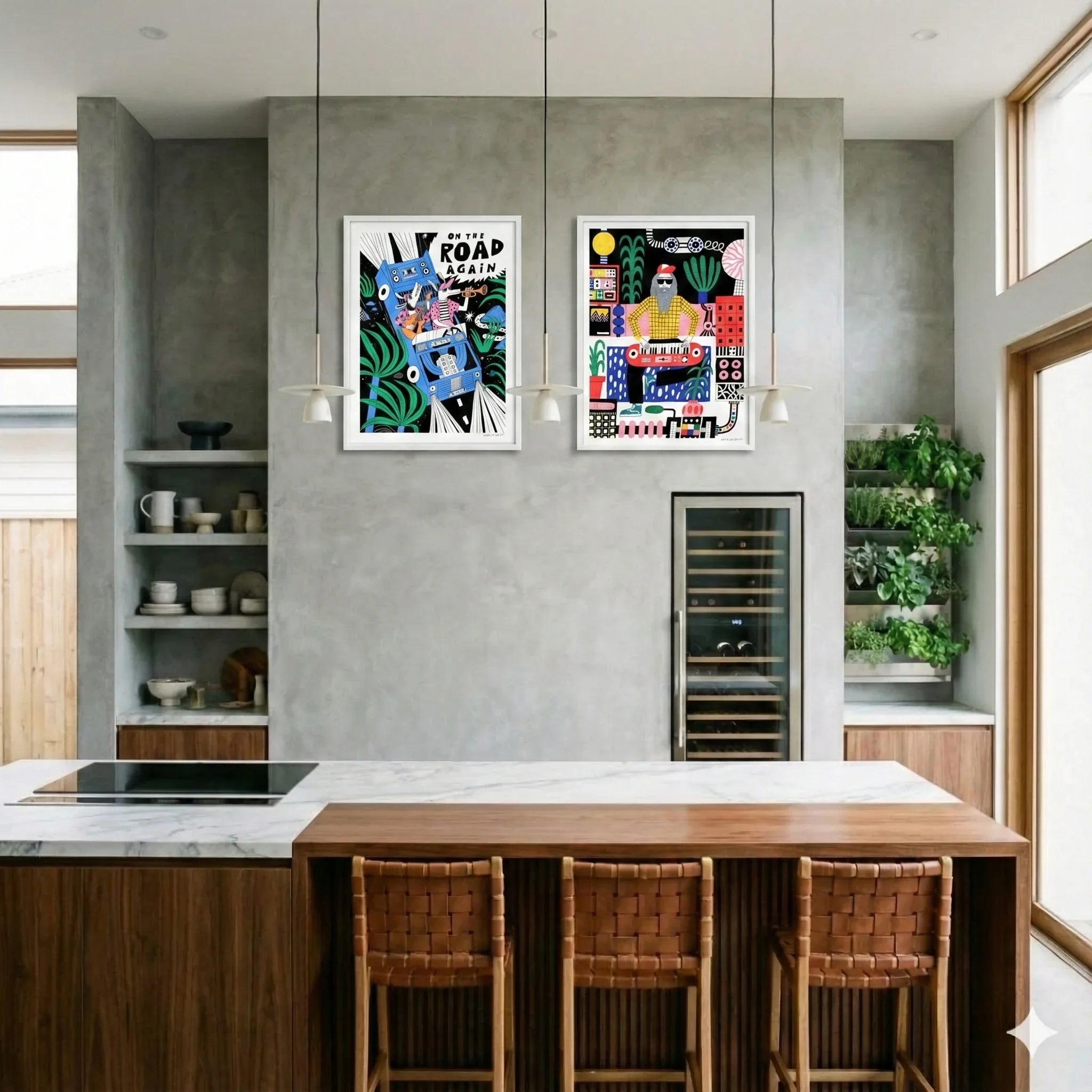 Affiche colorée avec deux animaux musiciens dans une voiture. Sur un mur